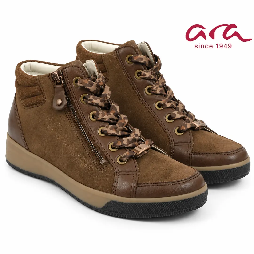Ara 14499 dames hoge sneakers in bruin met luipaardprint veters, ritssluiting, goudkleurige veterogen en comfortabele zool.
