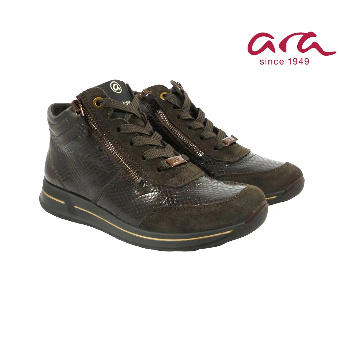 Ara 24808 dames hoge sneakers in donkerbruin met suède en reptielstructuur, dubbele ritssluiting en subtiele goudkleurige details.