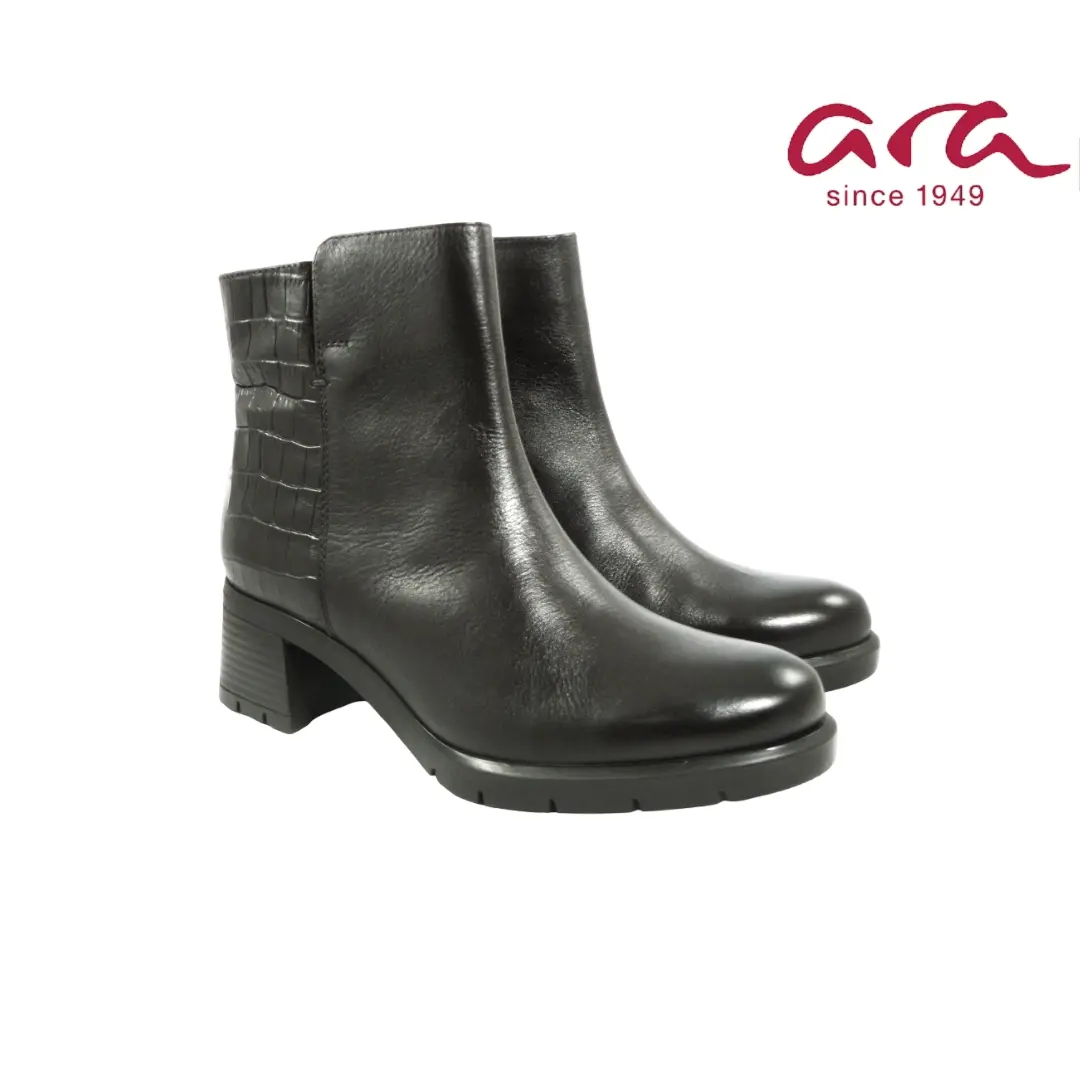 Ara 59218 Cacao dames enkellaarsjes in donker leer met crocoprint achteraan, blokhak en stevige profielzool.