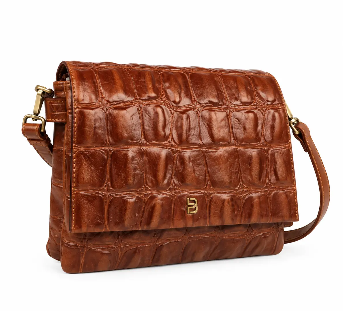 Belluga Croco Classy BCR027 cognac crossbodytas met krokodillenreliëf, brede overslagklep en goudkleurige details.