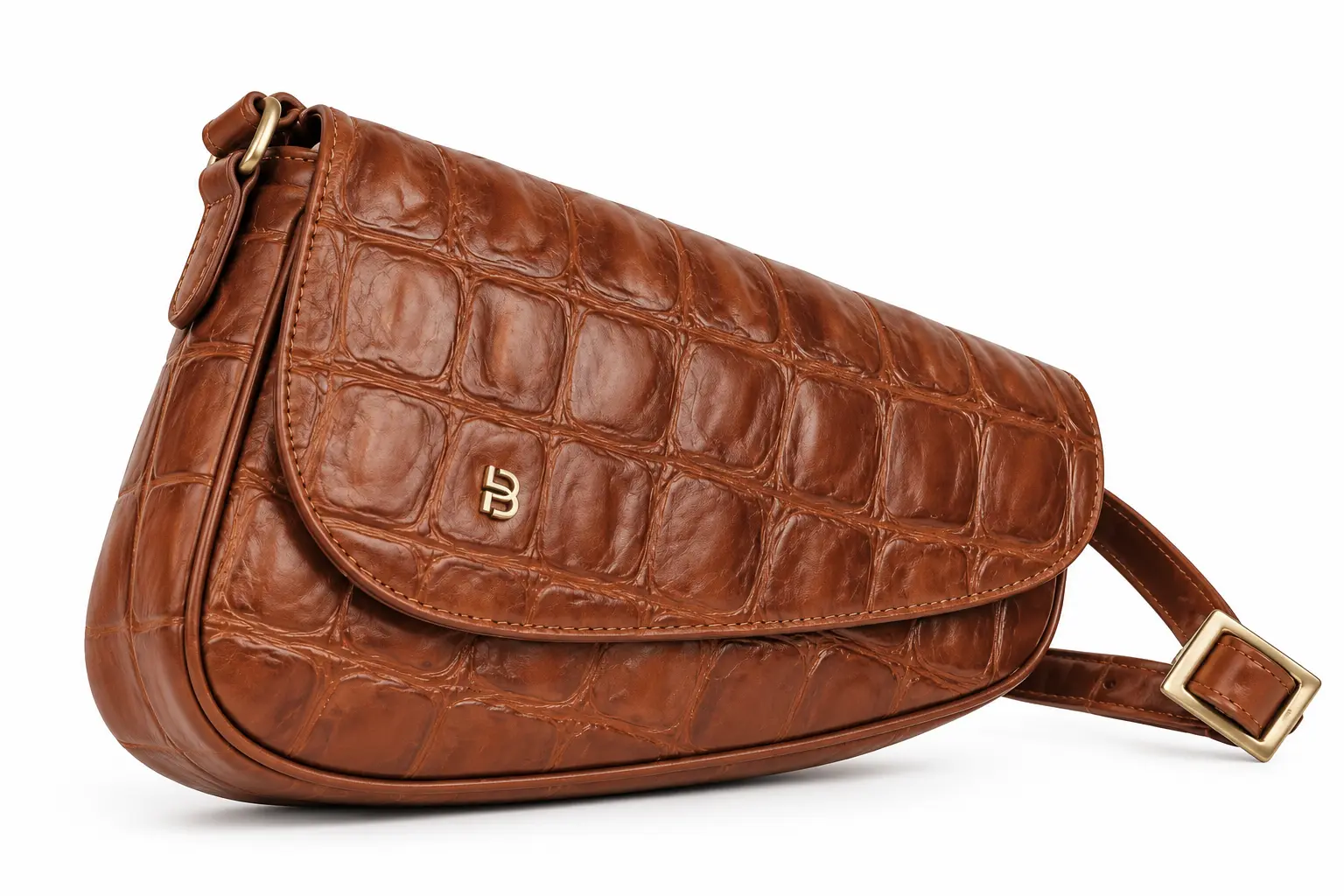 Belluga Croco Classy BCR043 cognackleurige crossbodytas met krokodillenreliëf, overslagklep en goudkleurige details.