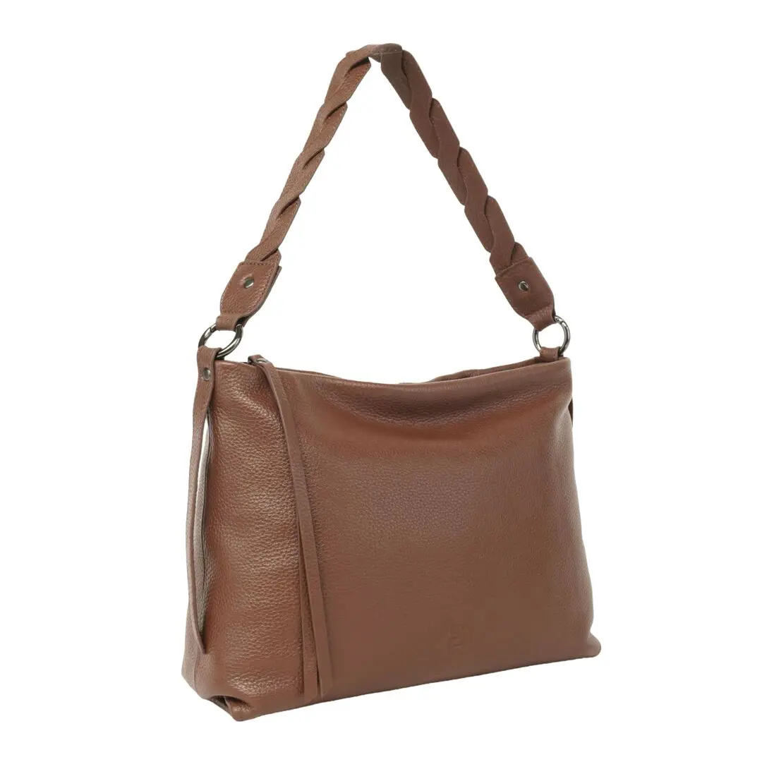 Belluga Eternity ET260 Chestnut dames schoudertas in warm kastanjebruin met gevlochten handvat en subtiel Belluga-logo.