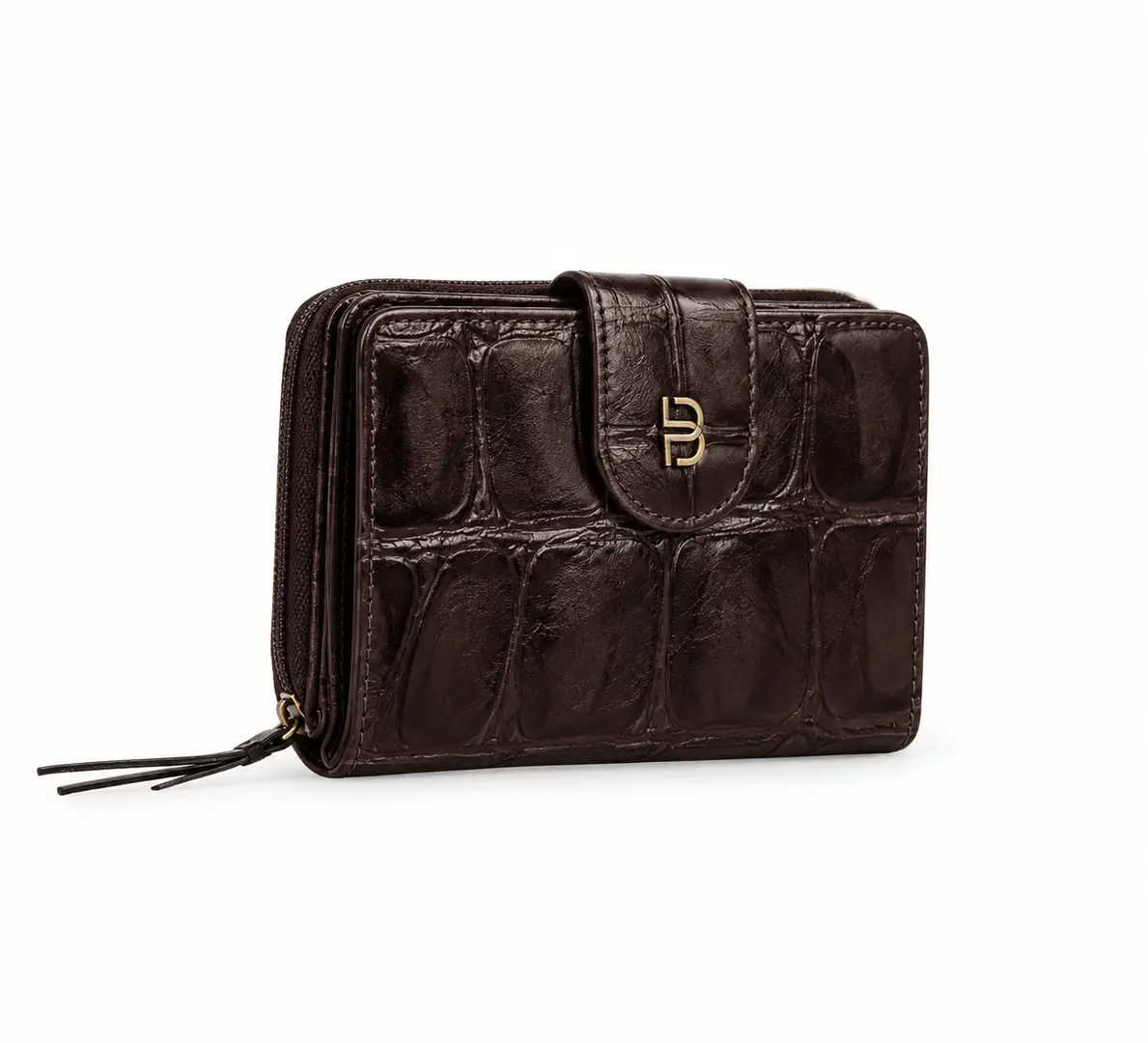Belluga Croco Classy BER038 Brown damesportefeuille in donkerbruin met krokodillenreliëf, ritssluiting en goudkleurig Belluga-logo.