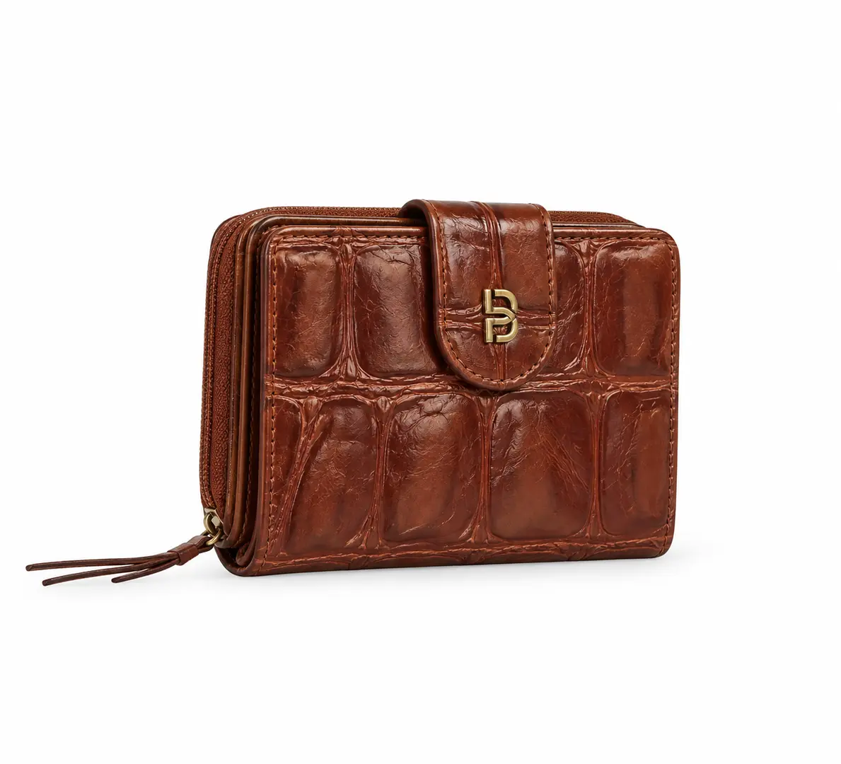 Belluga Croco Classy BER038 Cognac damesportefeuille met krokodillenreliëf, ritssluiting en goudkleurig Belluga-logo.