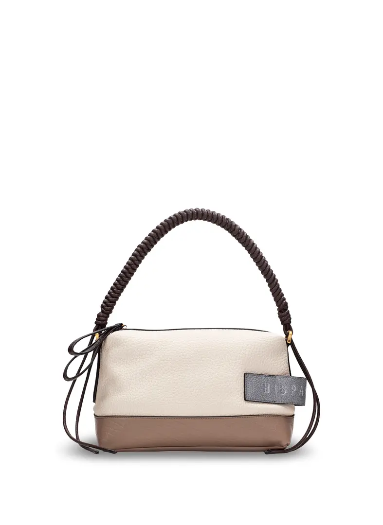 Hispanitas multicolor dameshandtas in crème, taupe en donkerbruin met gevlochten handvat en verstelbare schouderriem.