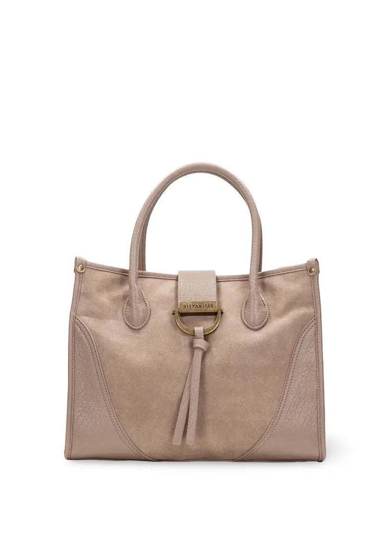Hispanitas beige taupe dameshandtas in suède-look met handgrepen, afneembare schouderriem en goudkleurige details.