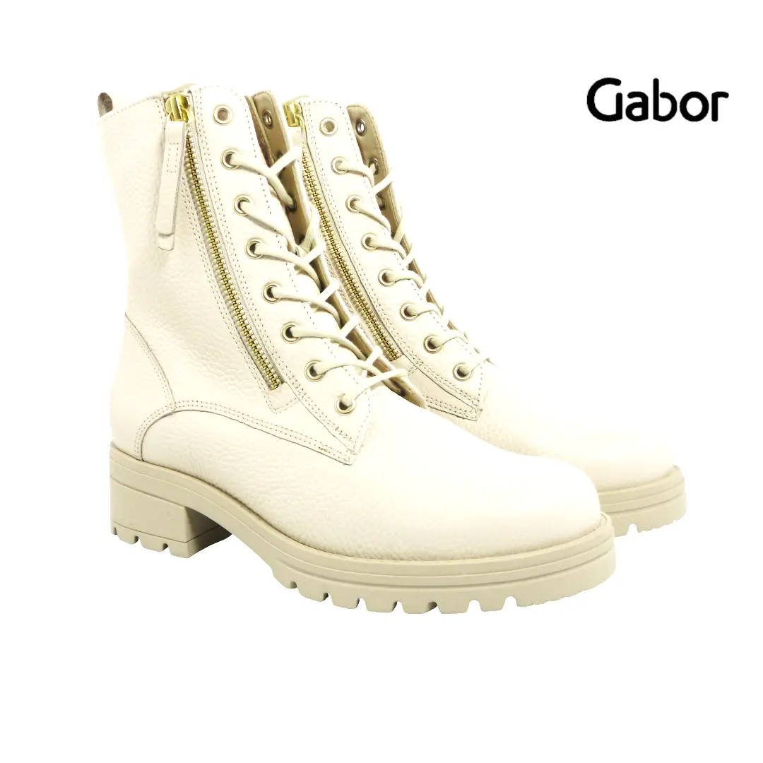 Gabor • 72.785 ~ Creme Crèmekleurige veterlaarzen van Gabor met gouden ritssluiting en grove zool voor extra comfort.