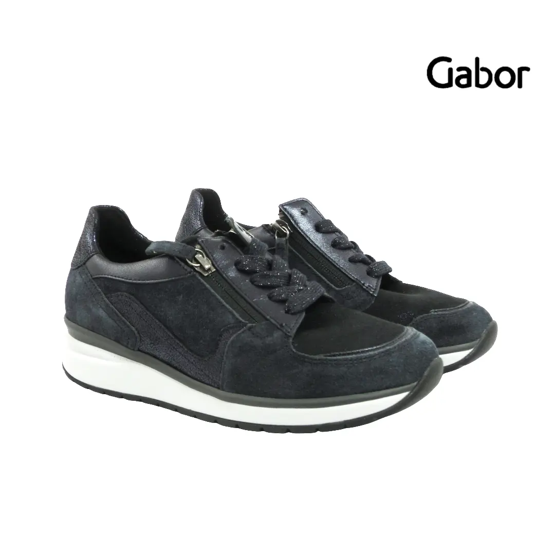 Gabor • 76.307 ~ Ocean/Darkblue Donkerblauwe sneakers van Gabor met rits, veters en witte zool, in extra wijdte K voor bredere voeten.