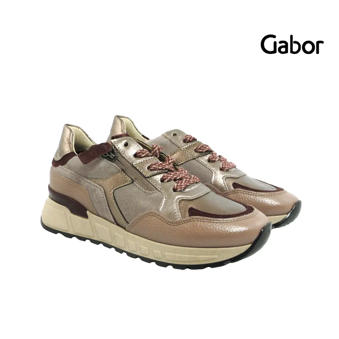 Gabor • 76.368 ~ Rame/Merlot Vuilroze sneakers van Gabor met details in bordeaux, suède, leer, rits en veters voor een luxe uitstraling en optimaal comfort.