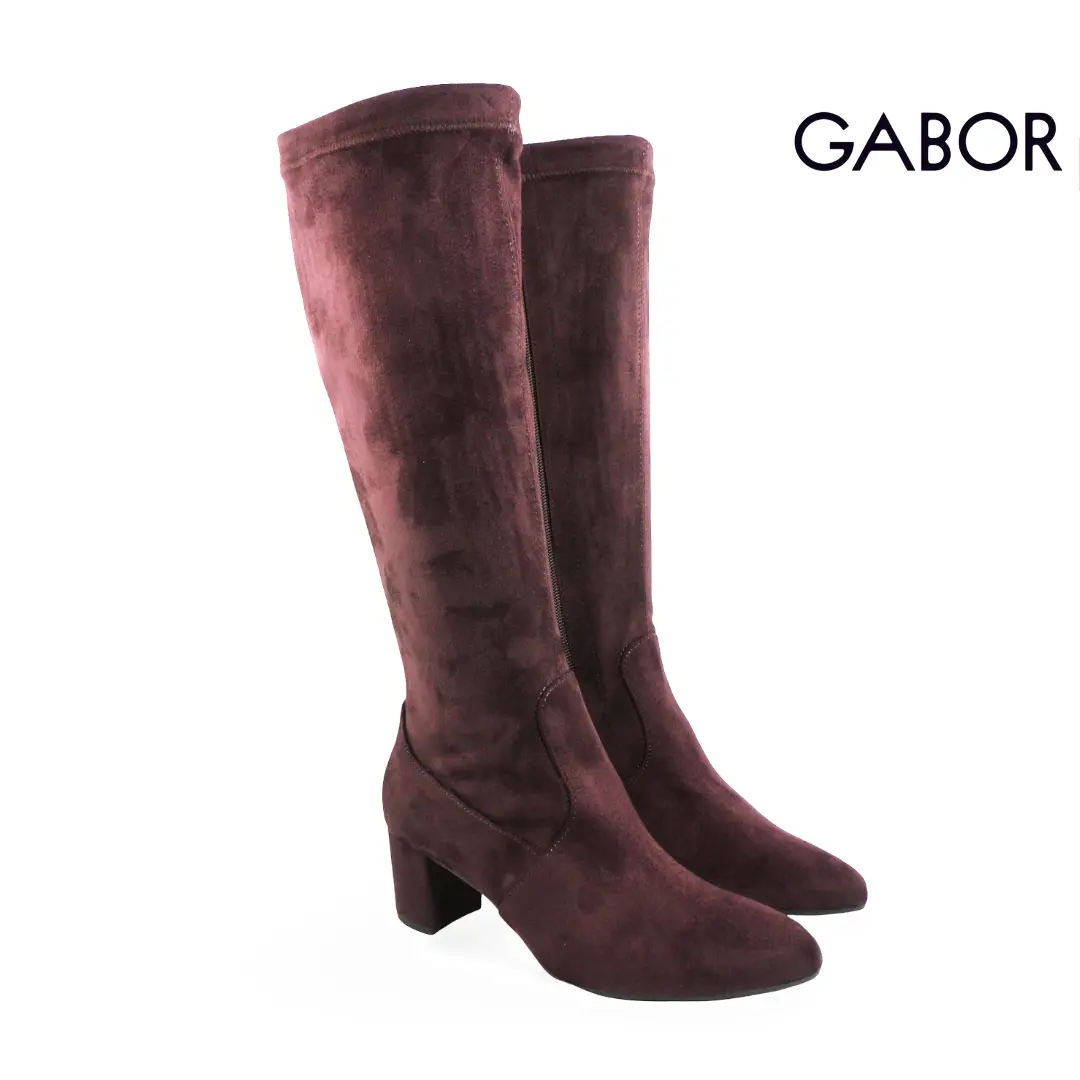 Gabor 8037.05-003 Mulberry hoge dameslaarzen in bordeaux met zachte suède-look, ritssluiting en elegante blokhak.