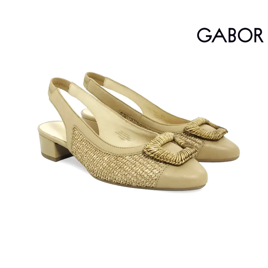 Gabor 81.526 Sand Steppa beige dames slingback met gevlochten detail en goudkleurige gesp