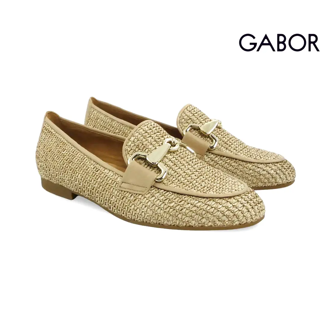 Gabor 85.214 Sand Steppa dames mocassin met gevlochten bovenwerk en goudkleurig detail