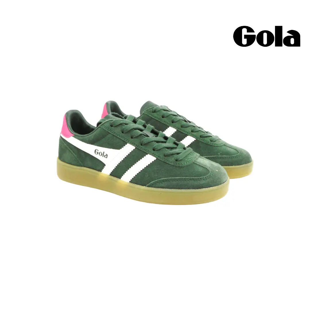 Gola CLB735LN dames sneakers in donkergroen met offwhite strepen, fuchsia hielaccent en transparante gumzool.