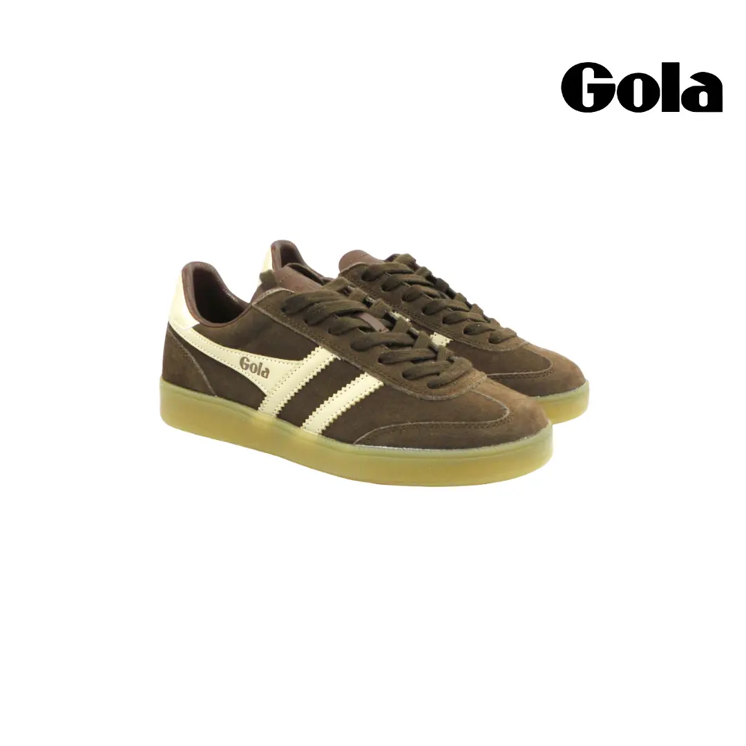 Gola CLB735TC dames sneakers in donkerbruin suède met bonekleurige strepen, goudkleurige details en transparante gumzool.