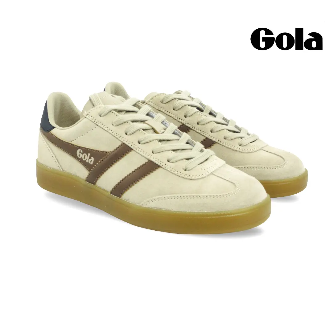 Gola CMB735 beige heren sneaker van suède met bruine strepen en gumzool.
