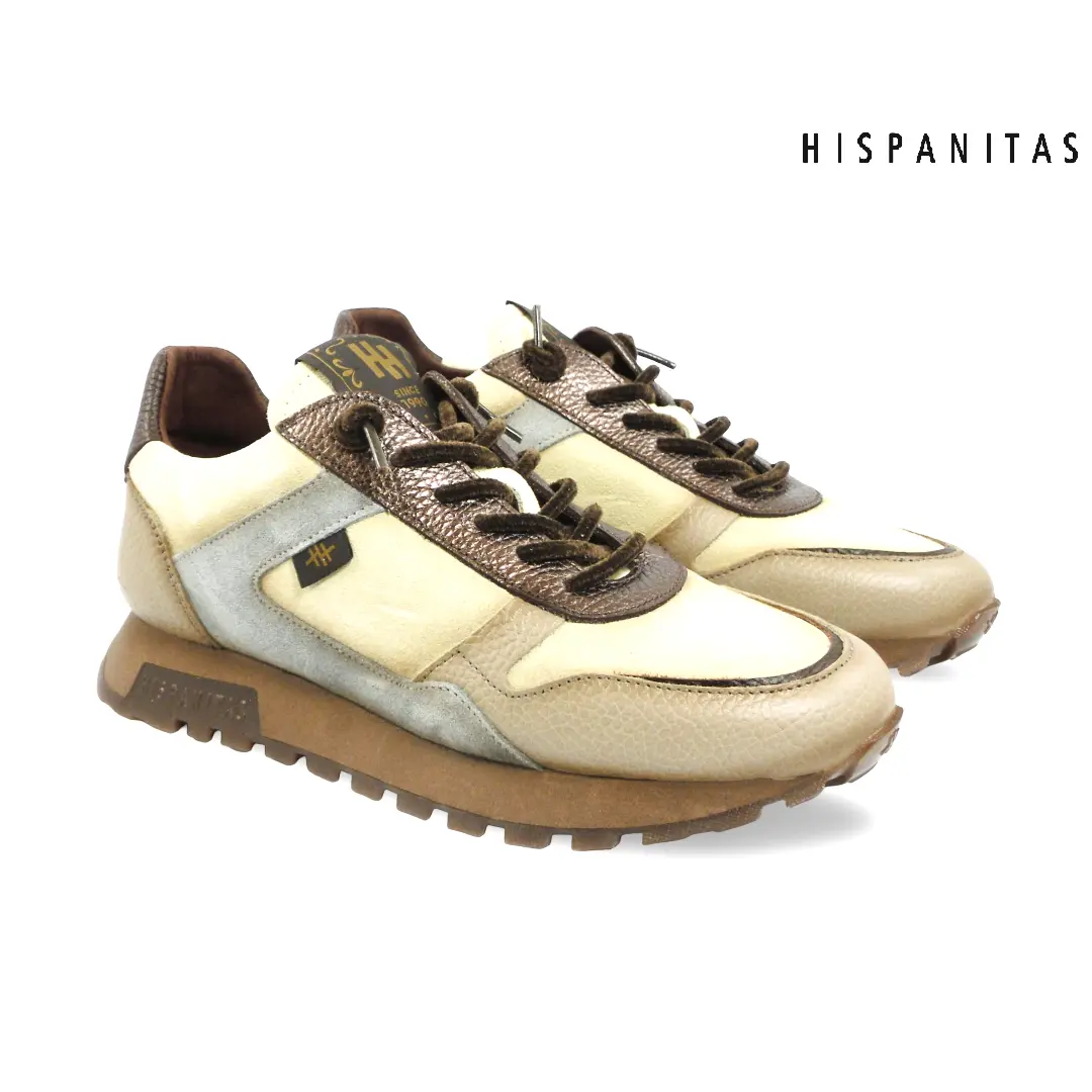 Hispanitas CHI265095 dames sneakers in beige, crème, grijs en bruin met metallic accenten, vetersluiting en bruine profielzool