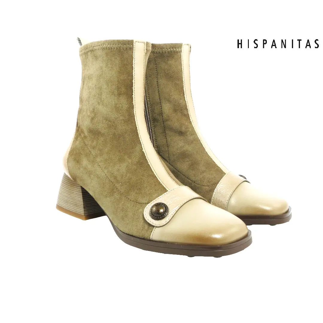 Hispanitas taupe/beige suède leren enkellaarsjes met blokhak en knoopdetail