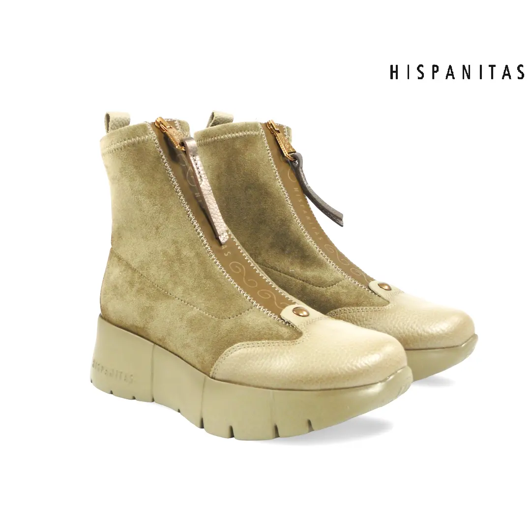 Hispanitas HI265104 Castoro Topo dames enkellaarsjes in beige en taupe met ritssluiting vooraan en sportieve plateauzool