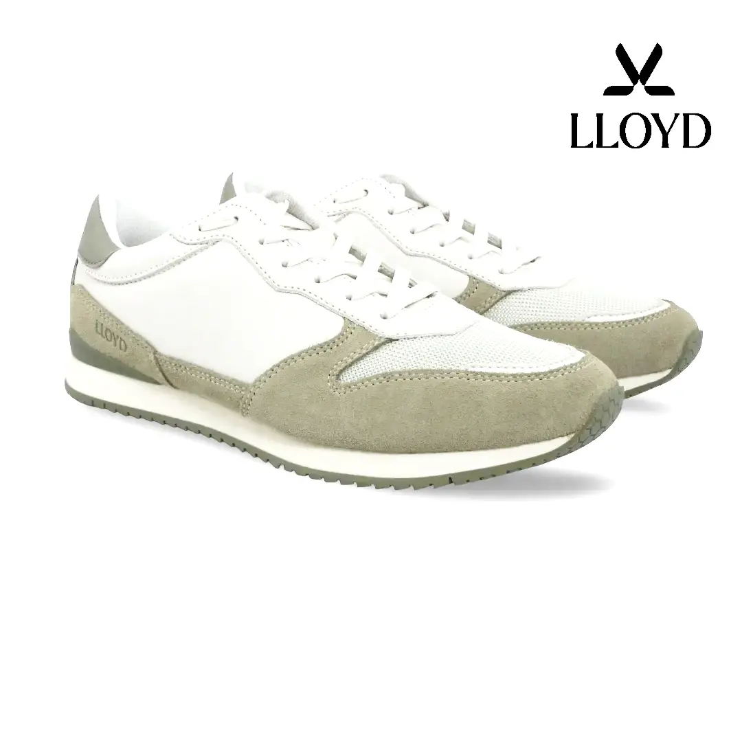 Lloyd 16-154 herensneaker in taupe, offwhite en saliegroen.