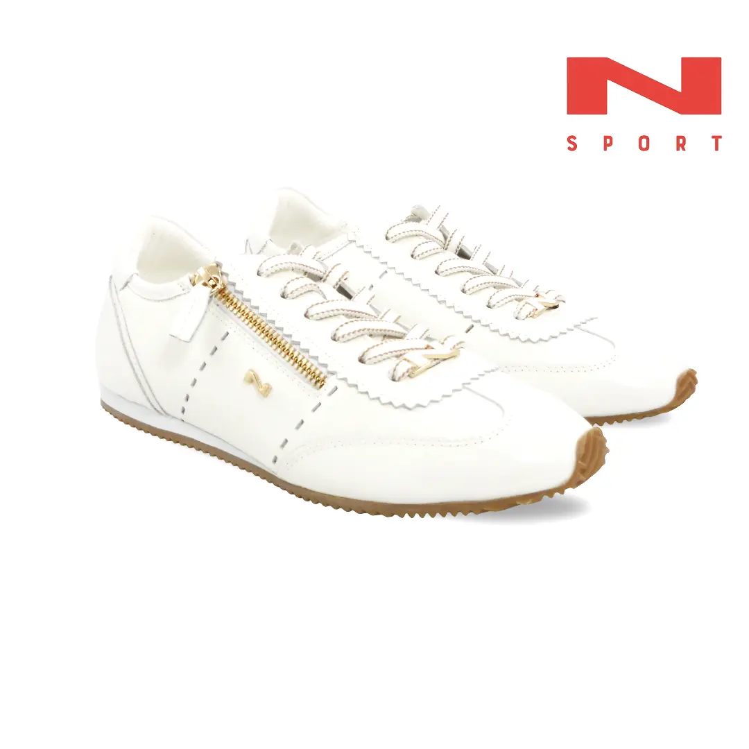 Nathan-Baume N Sport NS07-03 fijne dames sneakers in wit lakleer met goudkleurige rits.