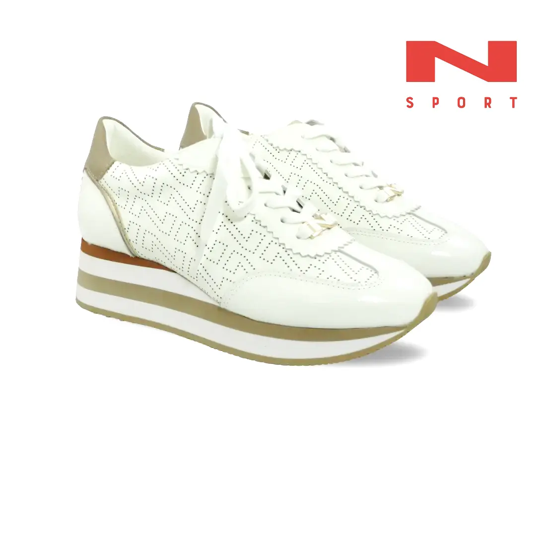 Nathan-Baume NS30-04 Blanco Camelo witte dames sneaker met plateauzool en camel accenten