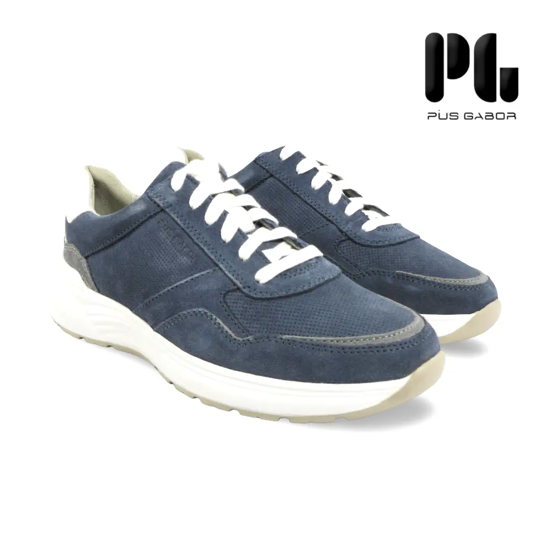 Blauwe herensneakers met witte veters en comfortabele witte zool