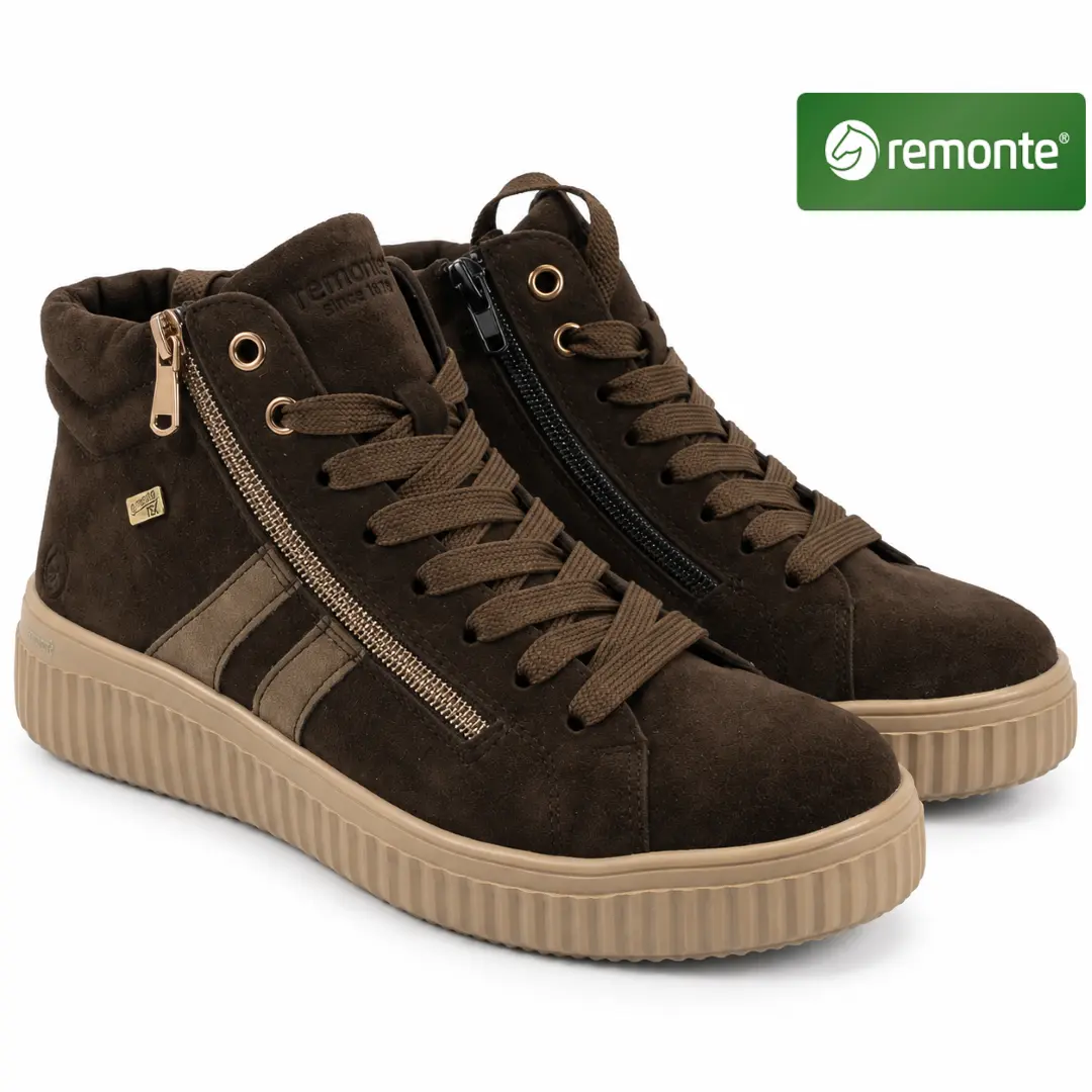 Remonte D3E70 dames hoge sneakers in donkerbruin met veters, dubbele ritssluiting en beige plateauzool.
