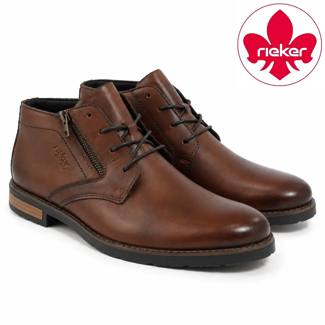 Rieker 14609 bruine heren veterschoenen met ritssluiting en zwarte profielzool.
