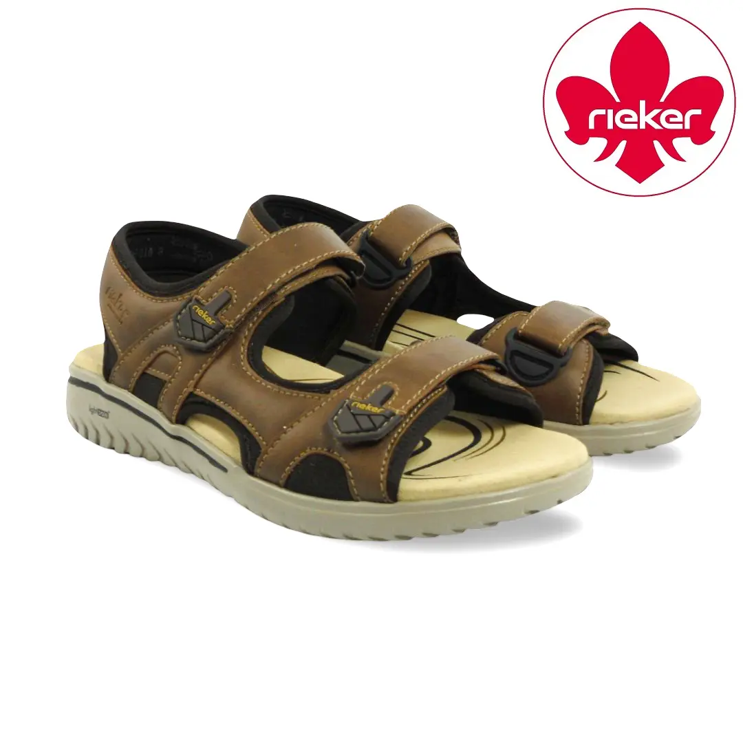 Bruine Rieker herensandalen met verstelbare klittenbandsluitingen en comfortabel voetbed