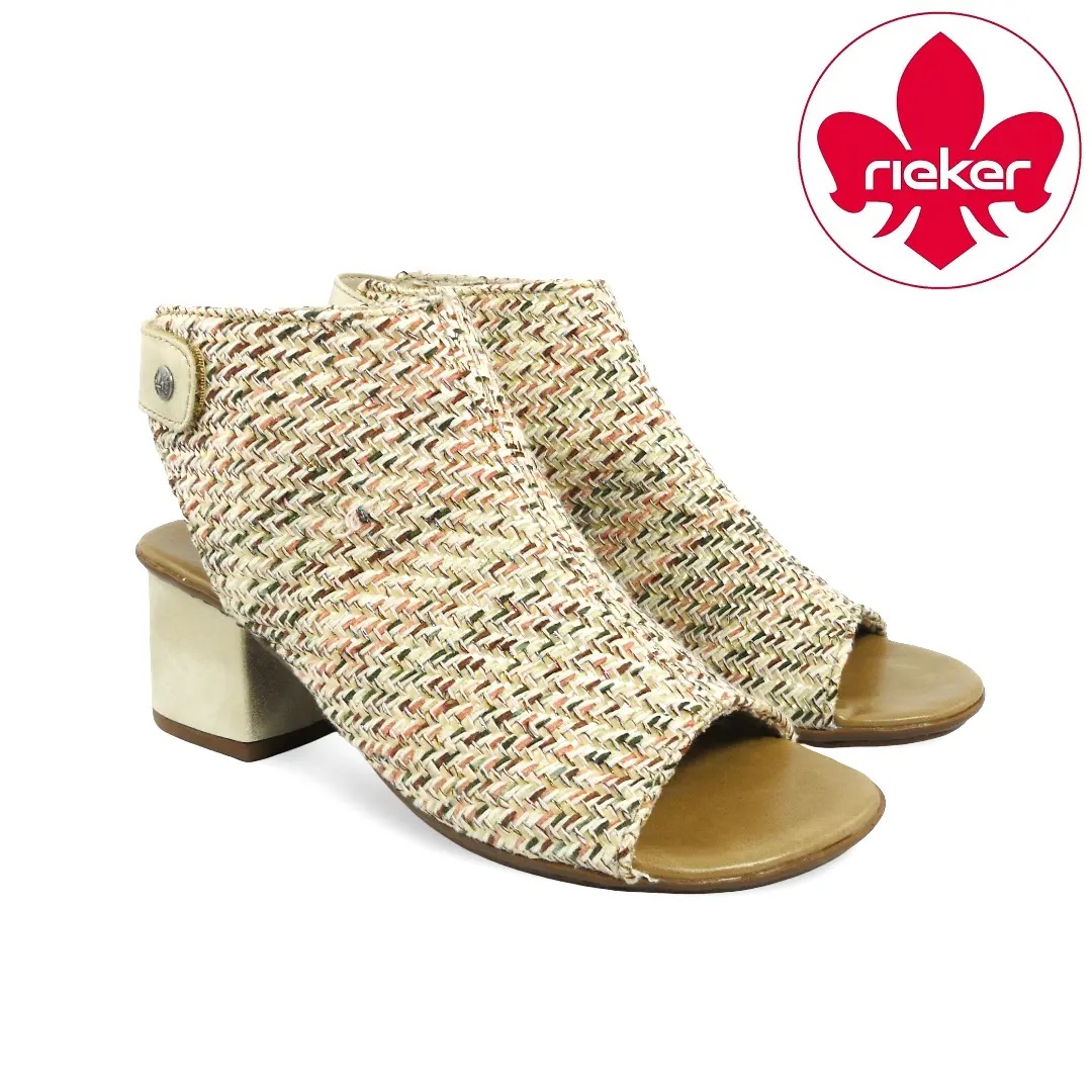 Rieker dames sandalen beige met gevlochten bovenwerk en blokhak