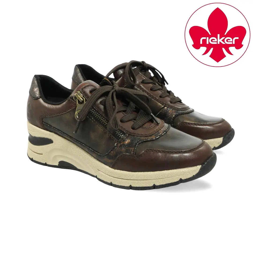 Rieker dames sneakers in donkerbruin en brons met rits, veters en comfortabele plateauzool