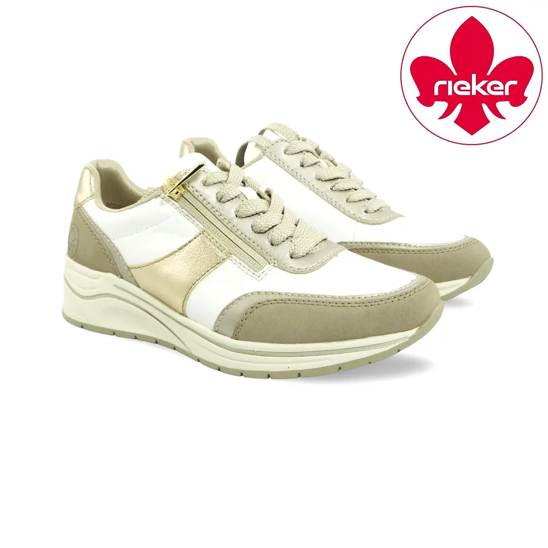 Rieker dames sneakers lehm champagner wit met rits en veters model N9504