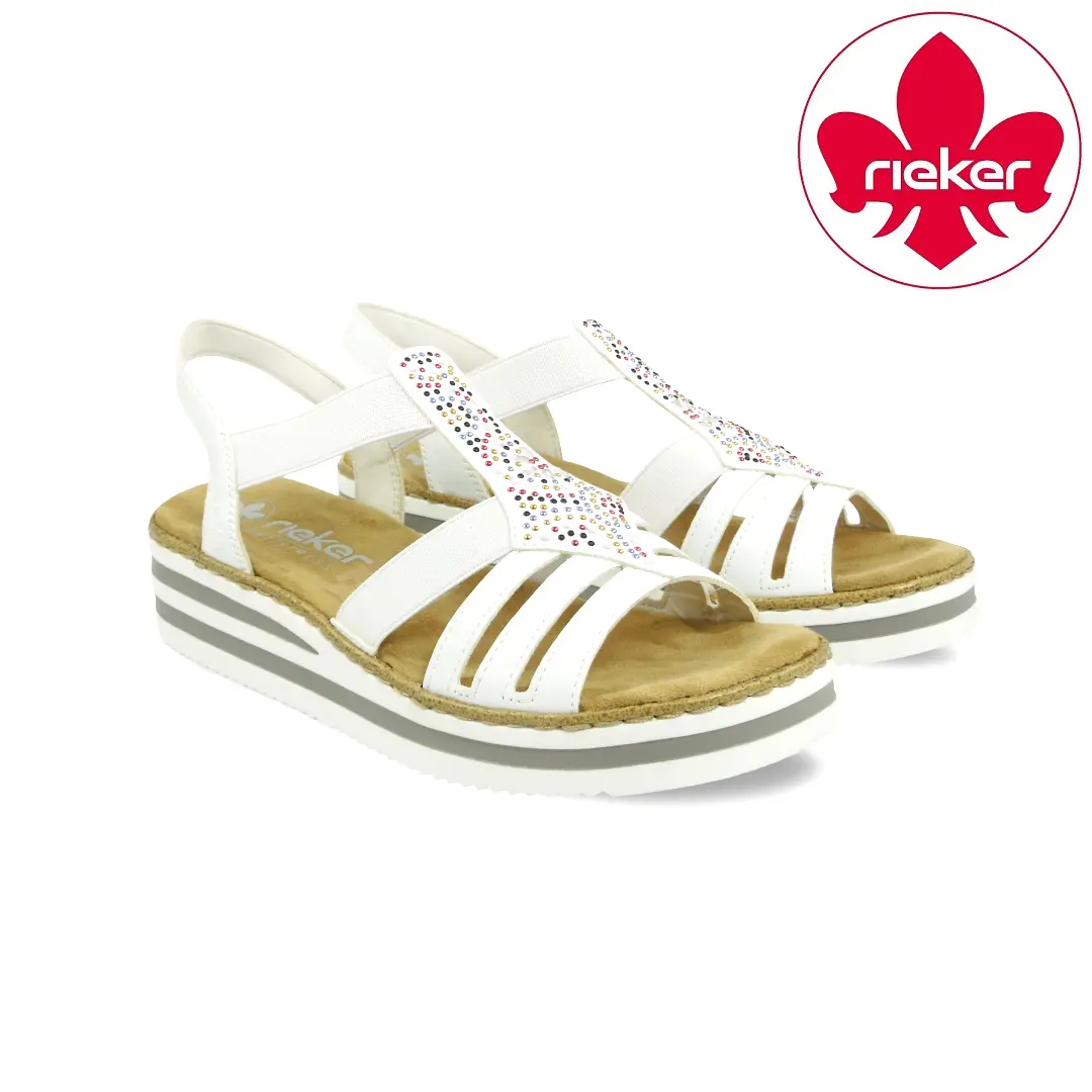 Rieker V0245 Muschel beige dames sandaal met sierstenen en elastische banden