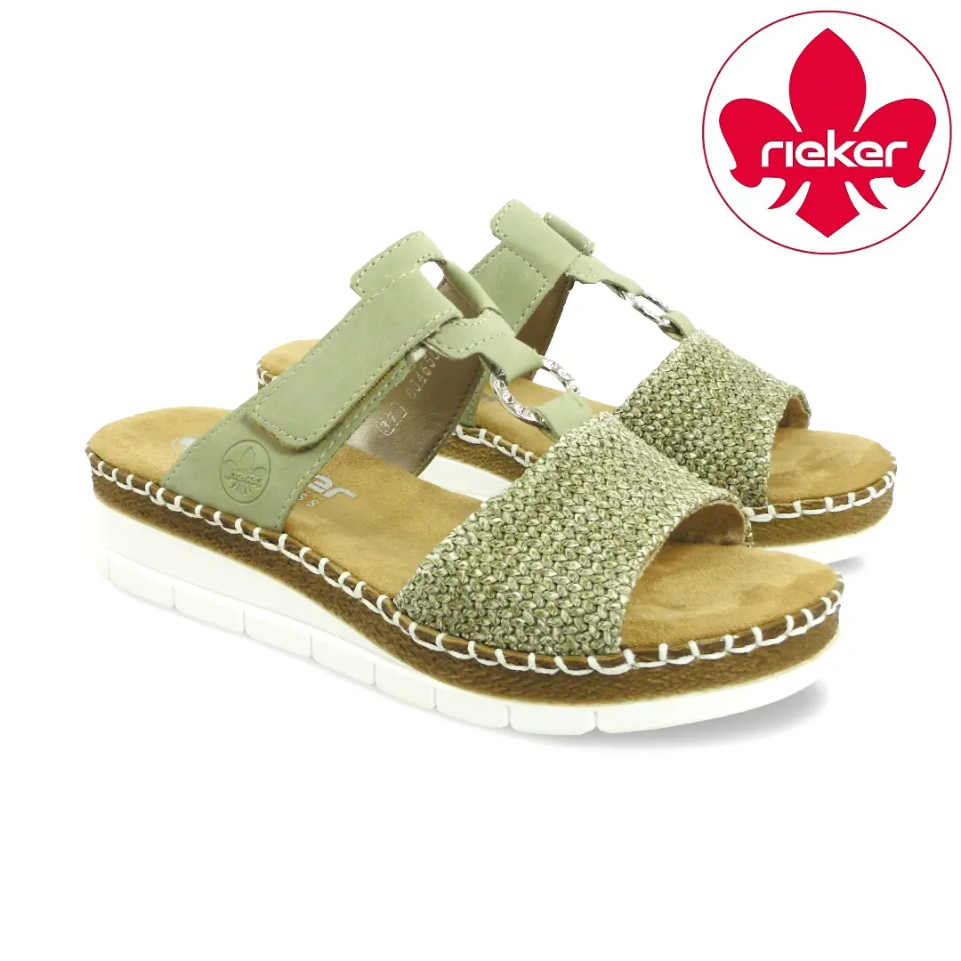 Rieker dames slippers schilf salbei met klittenband en decoratieve band model V1243