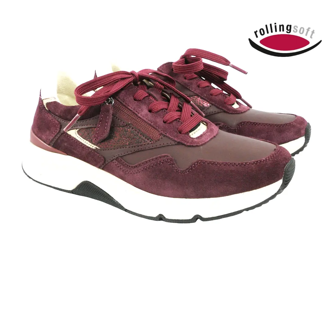 Rollingsoft 0103.01-011 Merlot Combi damessneakers in bordeaux met suède- en gladde accenten, veters, zijrits en comfortabele Rollingsoft-zool.
