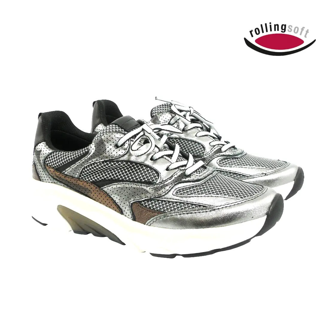 Rollingsoft damessneakers in zilver/zwart met veters en lichte rollingsoft-zool.