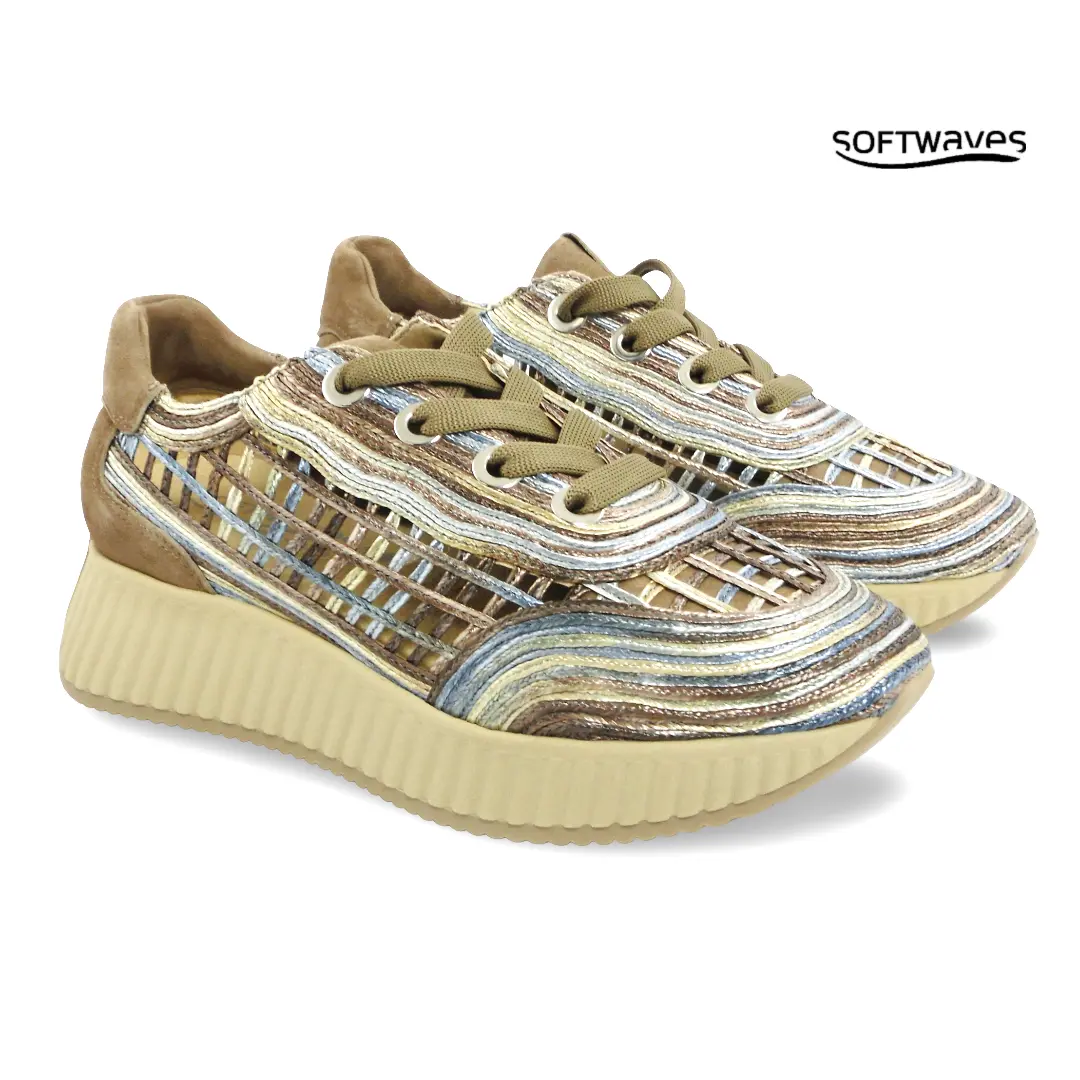 Softwaves dames sneakers blu mousse met geweven design en veters model 8.95.35