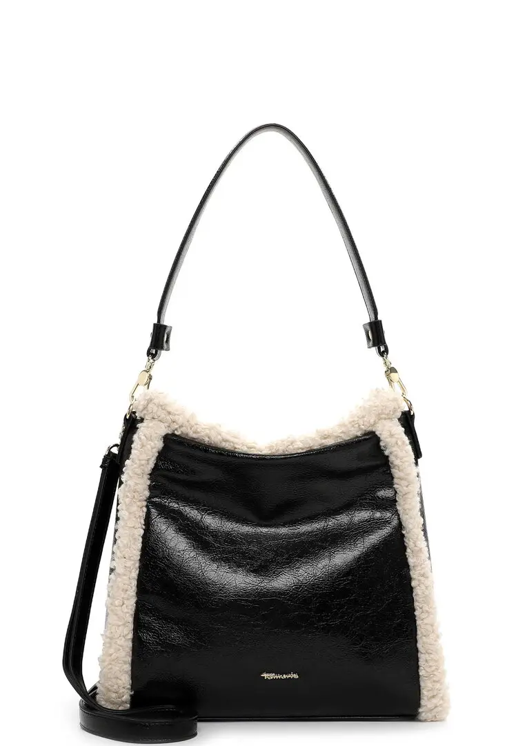 Zwarte schoudertas met beige teddy-afwerking en ritssluiting.