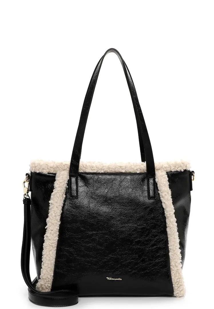 Zwarte handtas met beige teddy-details, dubbele handvatten en ritssluiting.