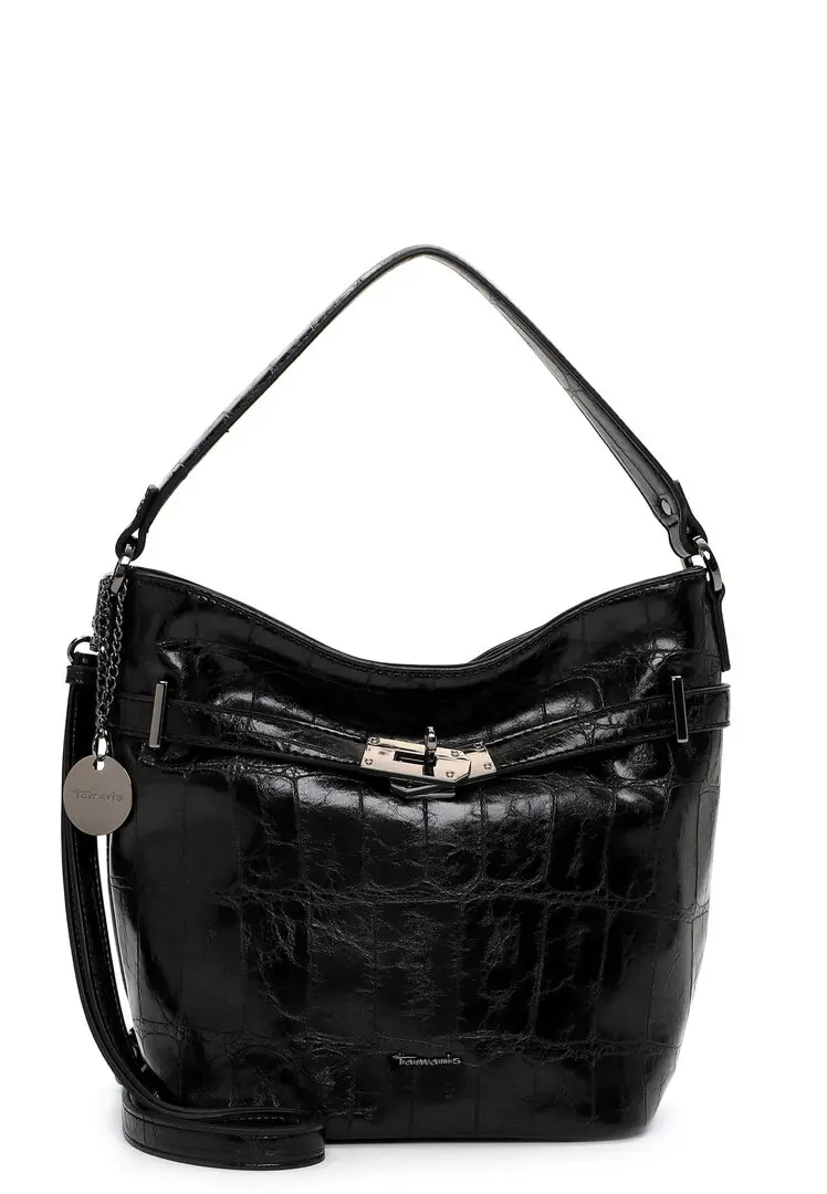 Zwarte schoudertas met krokodillenstructuur, ritssluiting en zilverkleurige details.