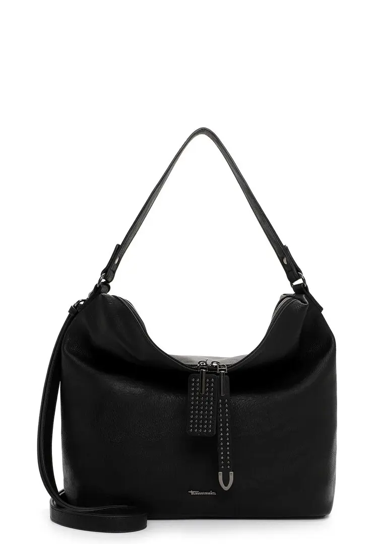 Tamaris zwarte schoudertas van kunstleer met strass-details en ritssluiting.