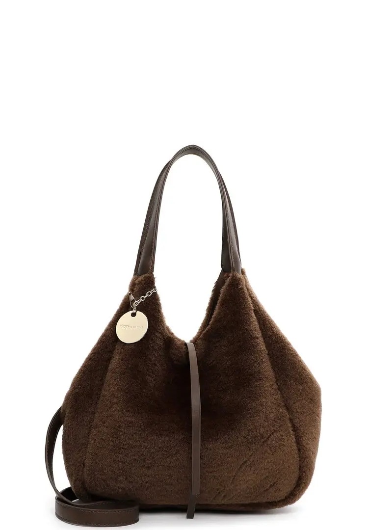Bruine teddy-handtas met dubbele handvatten, lange riem en bijpassende binnentas.