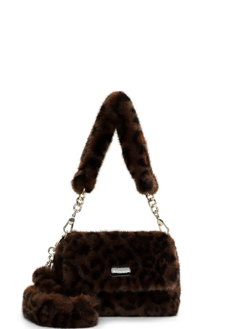 Tamaris schoudertas van donkerbruine panterprint faux fur met gouden kettingdetails en pompom-hanger.