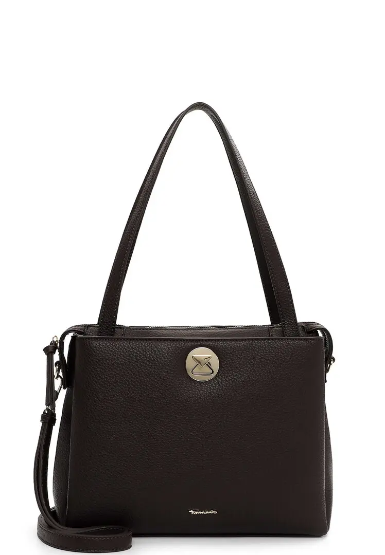 Donkerbruine schoudertas van synthetisch leder met dubbele schouderbanden en goudkleurige sluiting.