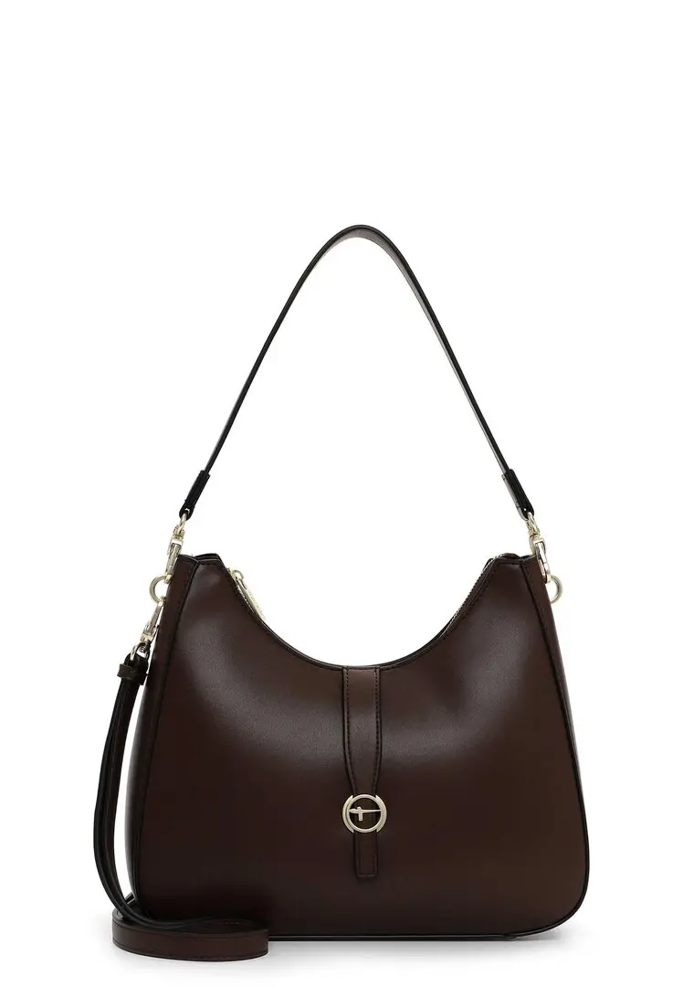 Bruine schoudertas van synthetisch leder met goudkleurige sluiting en schouderband.