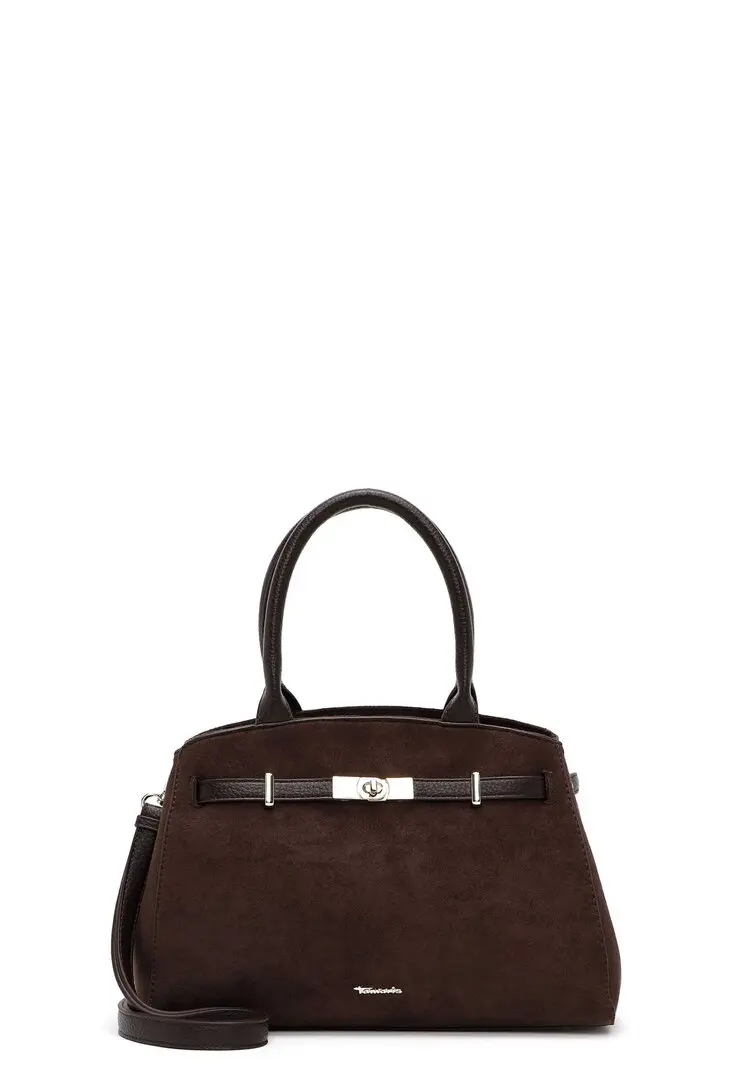 Tamaris donkerbruine shopper in suèdelook met korte handvatten, zilverkleurige sierdetails en lange schouderriem.