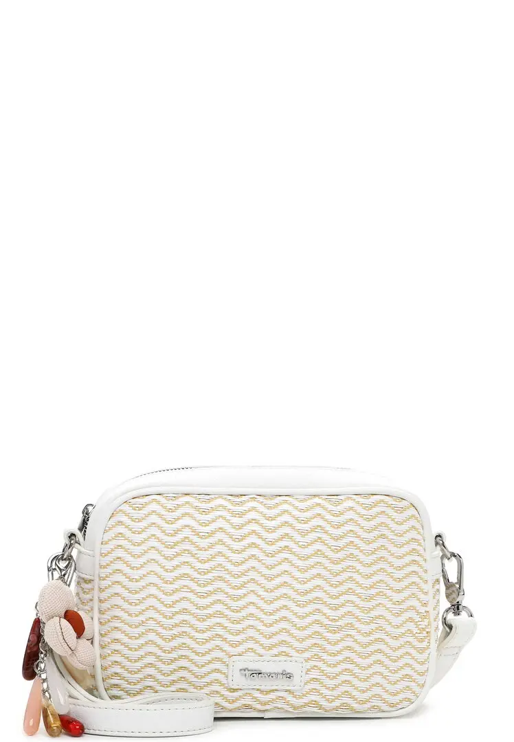 Witte Tamaris crossbodytas met gevlochten structuur en decoratieve hanger.