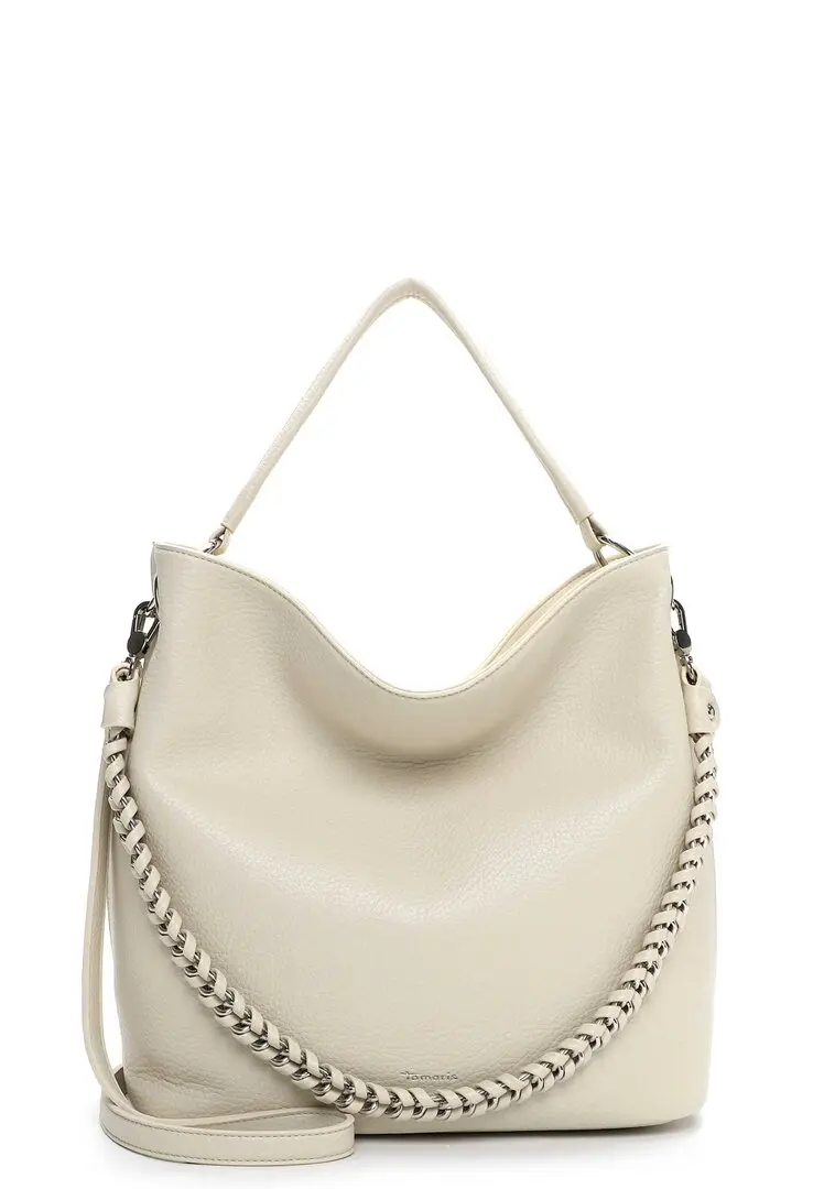 Beige Tamaris schoudertas met brede schouderriem en decoratieve ketting aan de voorzijde.