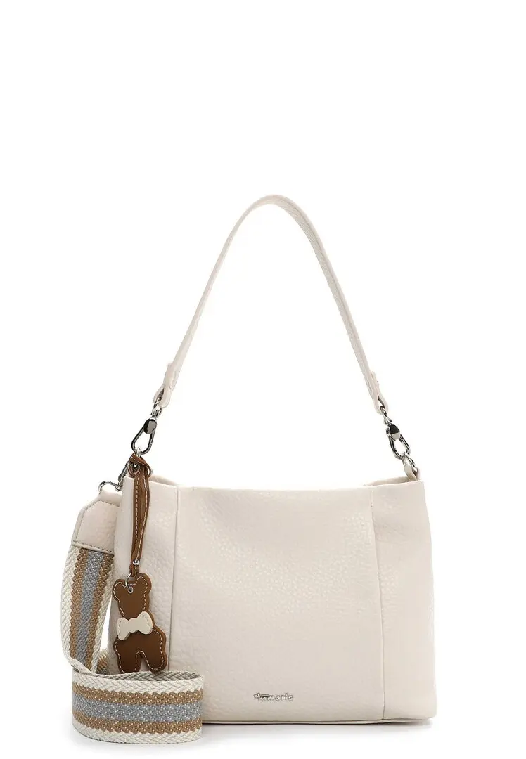 Offwhite Tamaris schoudertas met korte schouderriem en bruine teddy sleutelhanger.