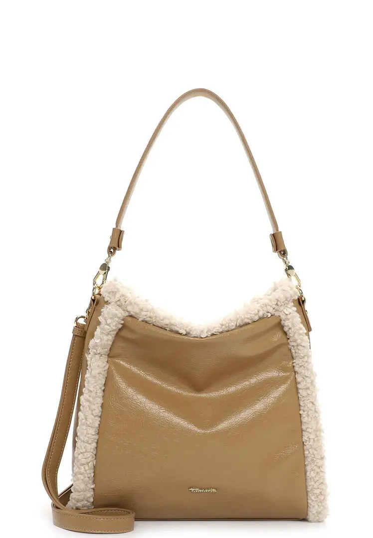 Camelkleurige schoudertas met beige teddy-afwerking en ritssluiting.